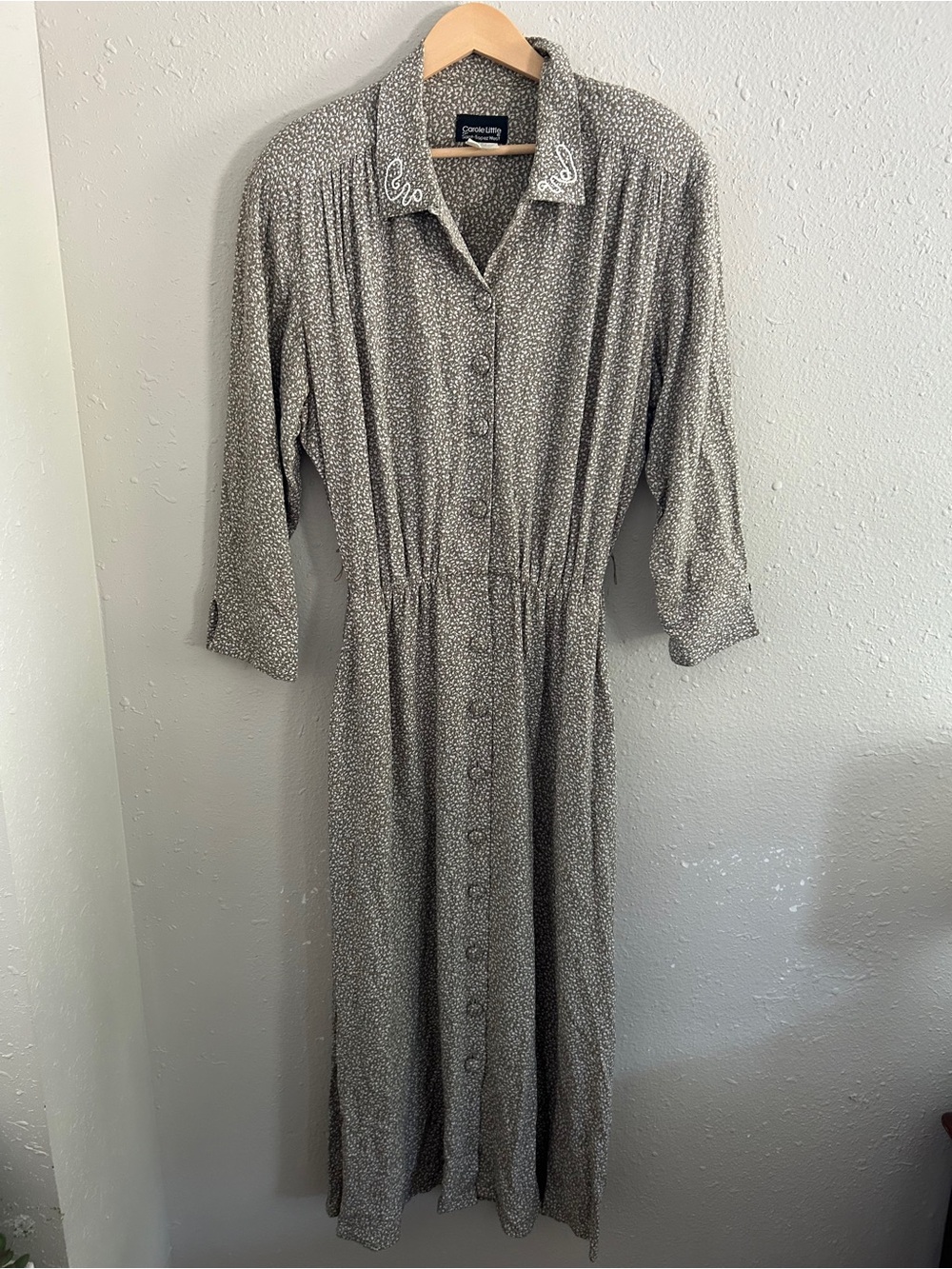 Carole Little for St. Tropez Vintage Tan Printed Maxi Shirt Dress Retro 14